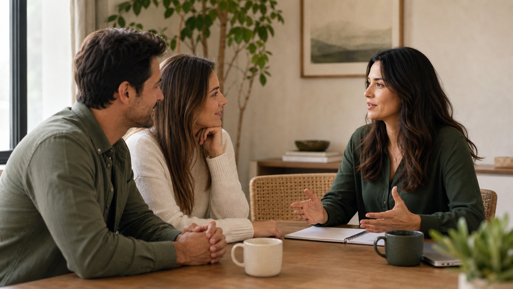 A calm consultation conversation in warm natural light