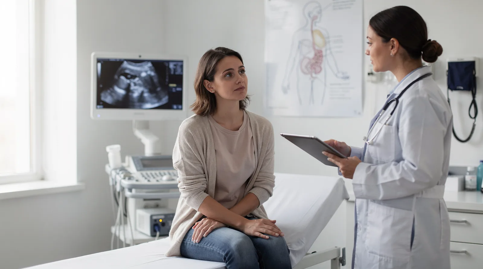 A surrogate candidate speaks with a doctor during a prenatal medical consultation