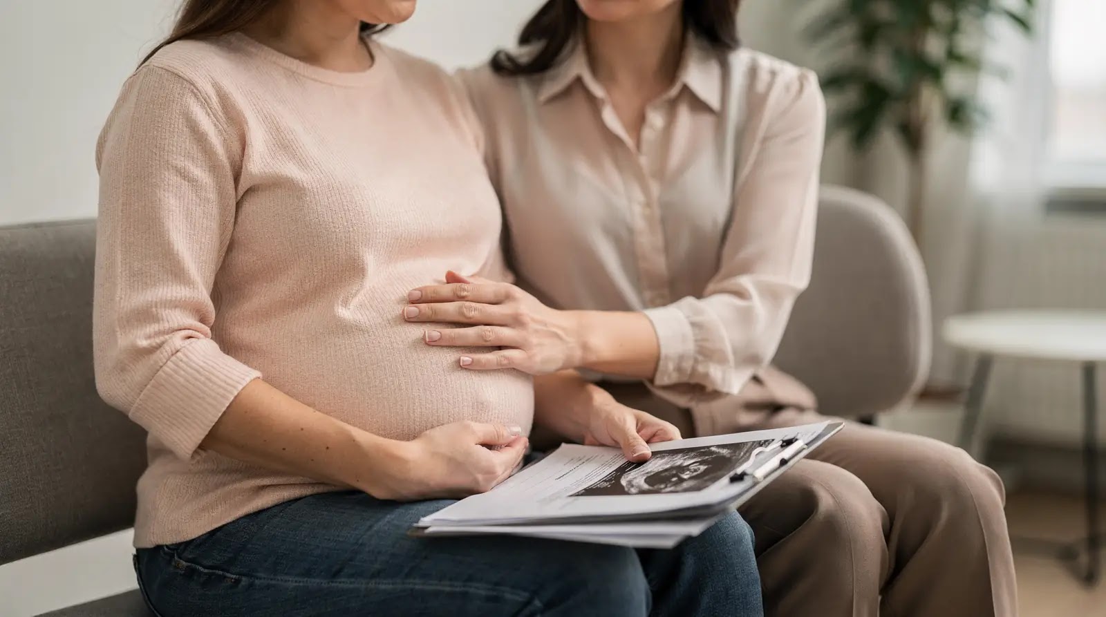 Pregnant gestational surrogate reviews an ultrasound with a support coordinator