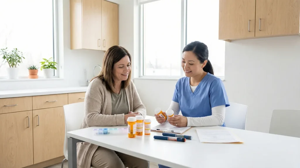 A Babytree Surrogacy nurse talks with a patient about medicine options. Both are friendly and focused on helpful, caring support. babytree