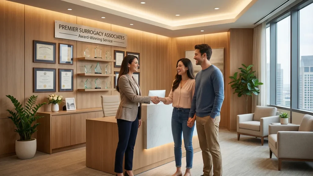 A family meets with a Babytree Surrogacy consultant in an office to talk about building their family and learn about surrogacy support. babytree