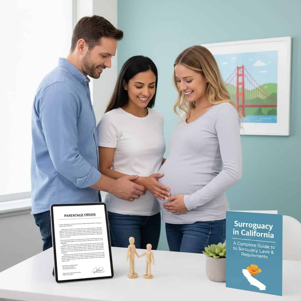 Three people in an office smile together, showing teamwork and support with Babytree Surrogacy resources on the table.