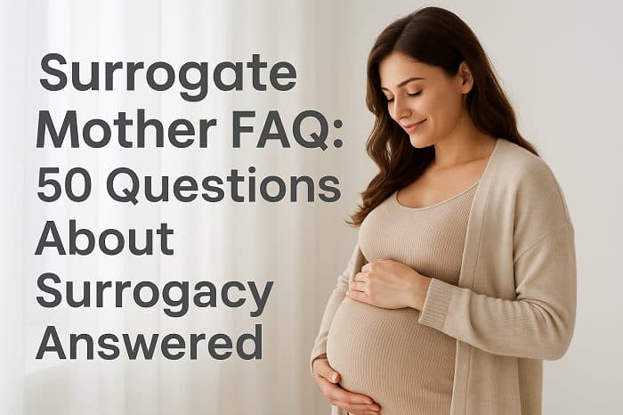 A happy pregnant woman smiles beside text for Babytree Surrogacys FAQ about surrogacy, aimed at answering common questions.