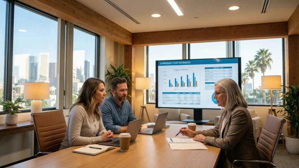 At Babytree Surrogacy, an expert explains California surrogacy steps and costs to intended parents during a helpful office meeting. babytree