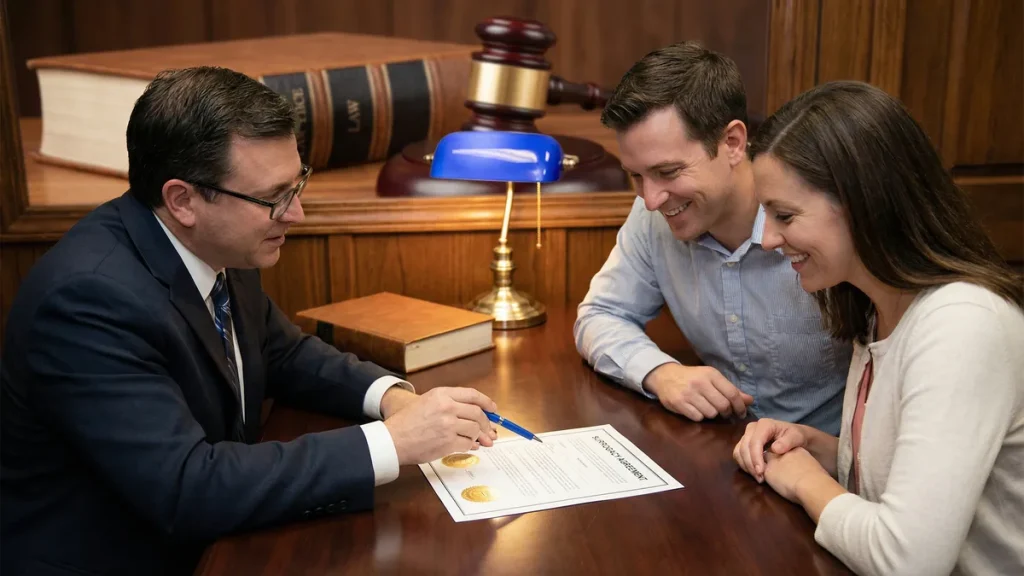 A professional from Babytree Surrogacy explains legal protections to a happy couple, showing care and guidance through the process. babytree