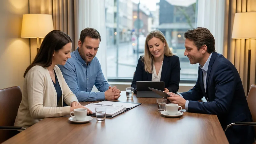A group of adults meet at Babytree Surrogacy&rsquo;s office, working together on documents and a tablet in a friendly setting. babytree