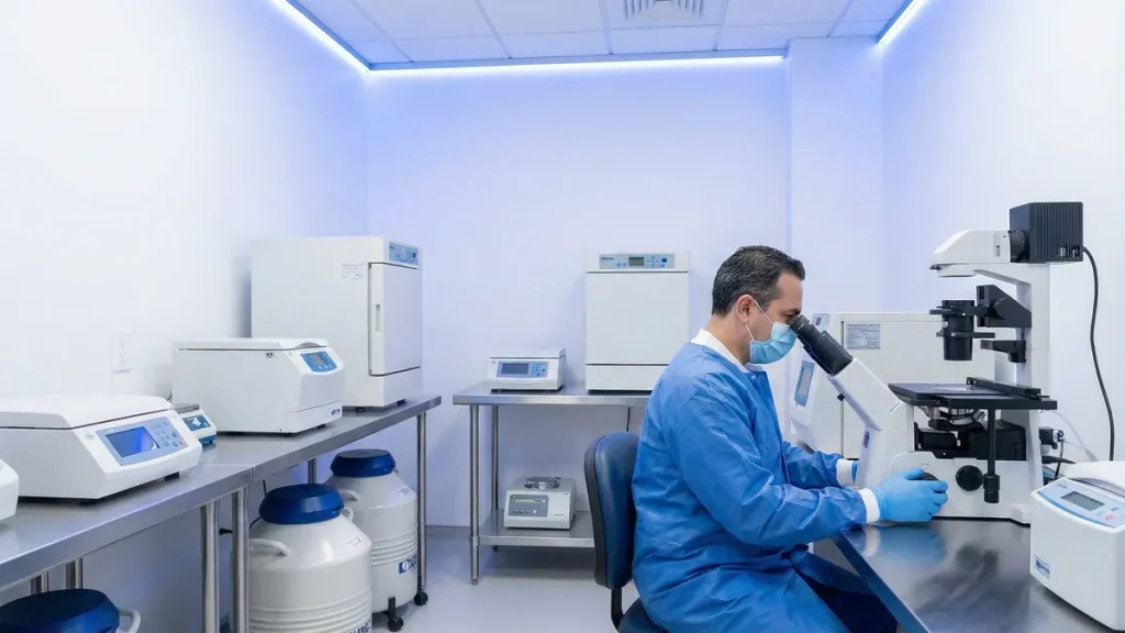 A Babytree Surrogacy scientist studies samples in a modern lab, showing advanced technology and focus on fertility solutions. babytree