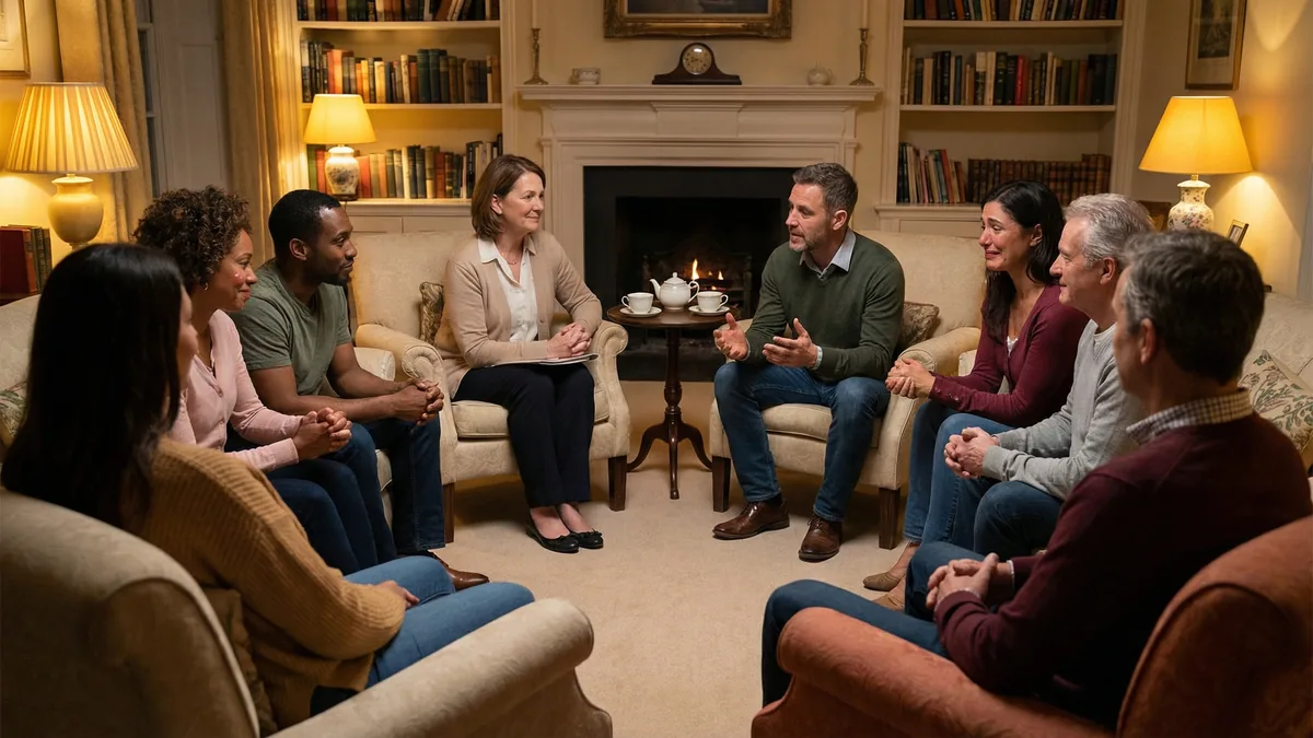 Babytree Surrogacy shows adults talking in a group, learning about support and resources for intended parents exploring surrogacy. babytree