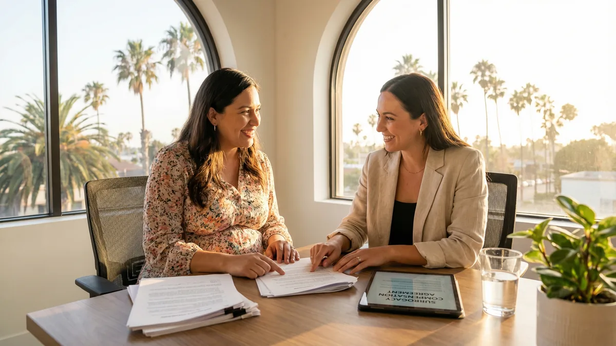 Two women happily discuss California surrogacy paperwork together at Babytree Surrogacy, showing a friendly and welcoming setting. babytree