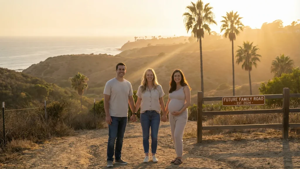 A Babytree Surrogacy family, including a pregnant woman, smiles together by a sign showing their journey to parenthood in 2024. babytree
