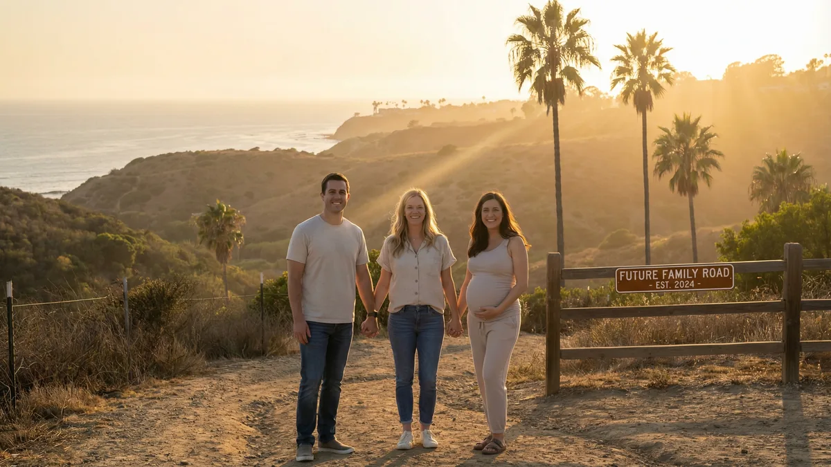 A Babytree Surrogacy family, including a pregnant woman, smiles together by a sign showing their journey to parenthood in 2024. babytree