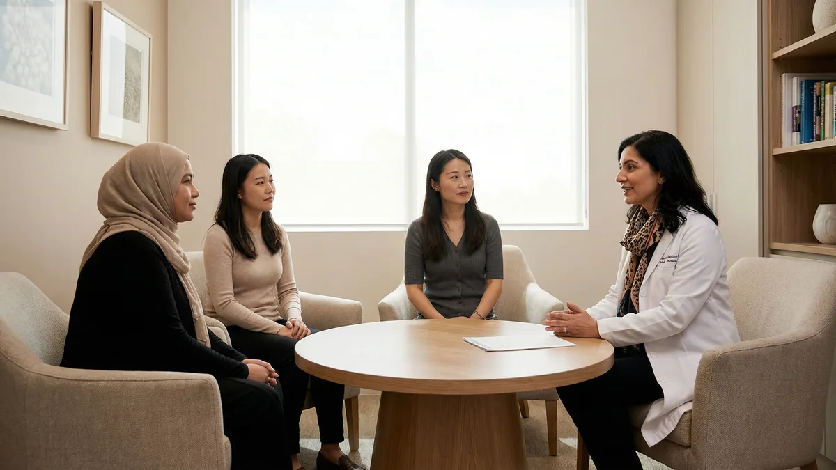 A Babytree Surrogacy doctor explains an egg donor guide to three women, showing support and answering questions in a friendly office. babytree