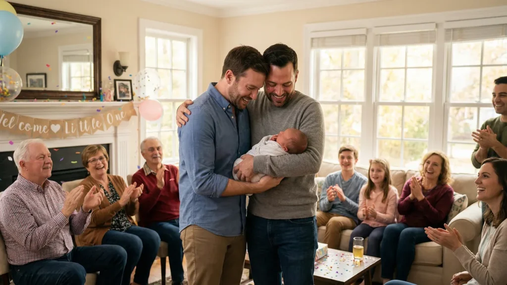 A happy couple with their newborn is celebrated by loved ones, showing Babytree Surrogacy supporting gay parenthood. babytree