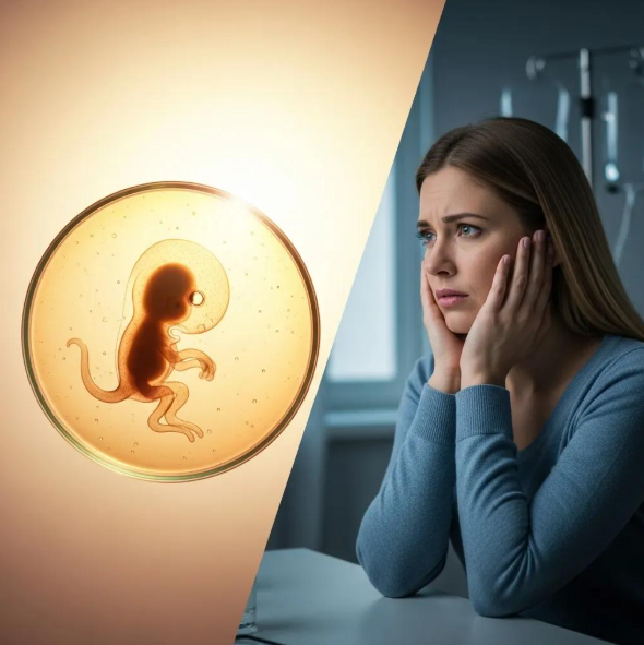 The image shows a woman feeling anxious while waiting for embryo test results at Babytree Surrogacy. babytree