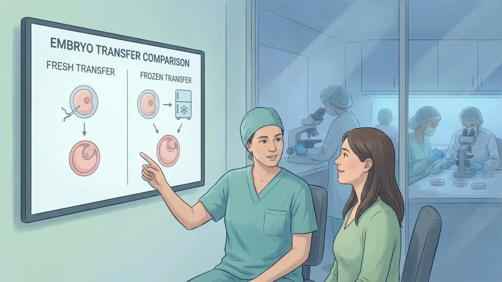A Babytree Surrogacy doctor explains embryo transfer options for surrogacy, with lab staff working in the background. babytree