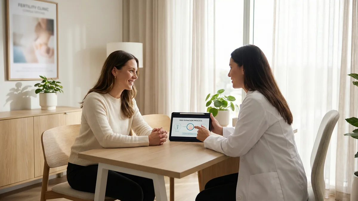 A Babytree Surrogacy doctor explains the egg donation process to a patient using a tablet. Both look comfortable and positive. babytree
