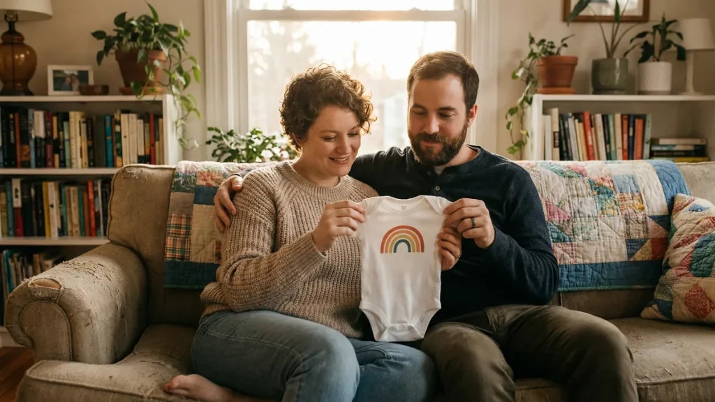 A happy couple shows a baby onesie, celebrating parenthood and surrogacy after cancer with help from Babytree Surrogacy. babytree