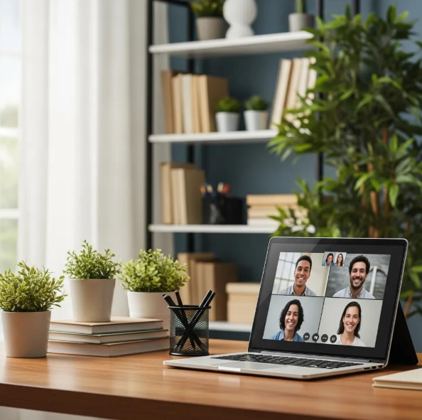 Babytree Surrogacy supports connecting families online, showing a happy video call between four people in a cozy home space. babytree