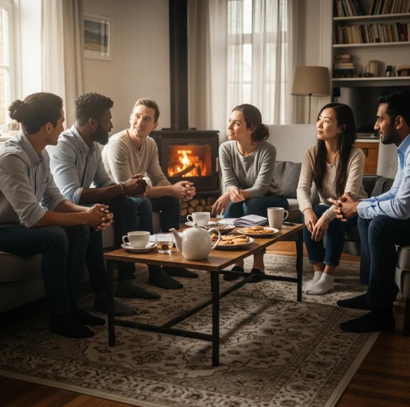 People gather warmly, sharing friendly conversation in a relaxed setting, showing Babytree Surrogacy&rsquo;s caring community. babytree