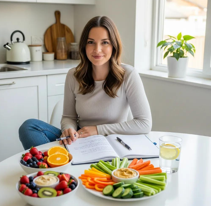 A woman takes notes about embryo transfer and what to expect, showing healthy eating with Babytree Surrogacy in a neat kitchen. babytree
