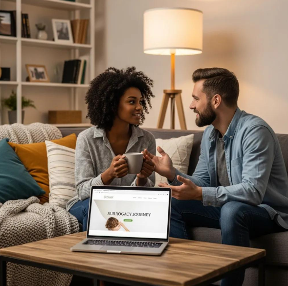A hopeful couple discusses their surrogacy plan with Babytree Surrogacy, feeling positive about starting their family together. babytree