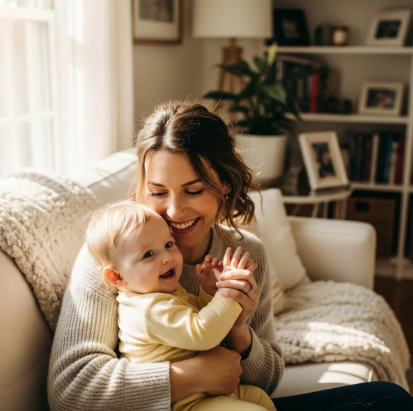 A happy woman sits with a laughing baby, showing the warmth and joy Babytree Surrogacy brings to families at home. babytree