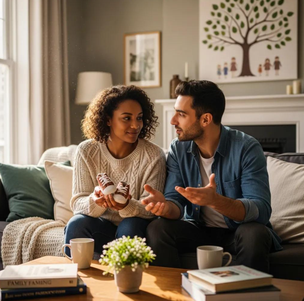 A happy couple with baby shoes chats about starting a family through Babytree Surrogacy, sharing excitement for their future child. babytree