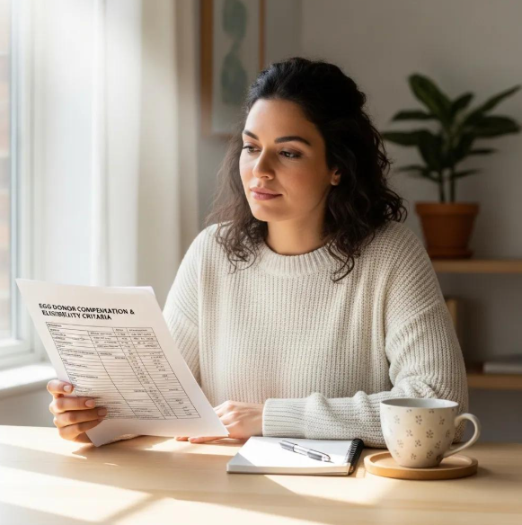 A woman reviews Babytree Surrogacy&rsquo;s egg donor compensation document at a bright table, looking thoughtful about her decision. babytree