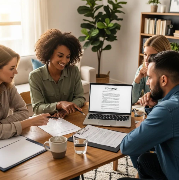 Babytree Surrogacy intended parents meet in an office to review and discuss surrogacy contracts together in a friendly setting. babytree