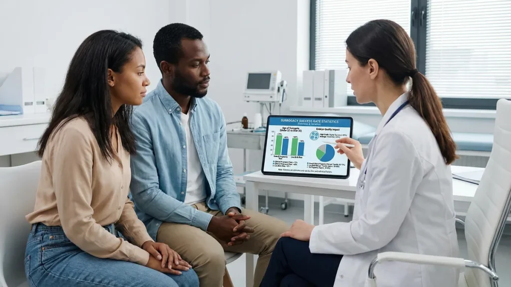 A Babytree Surrogacy doctor discusses surrogacy facts with a couple using simple charts, helping them understand the process. babytree