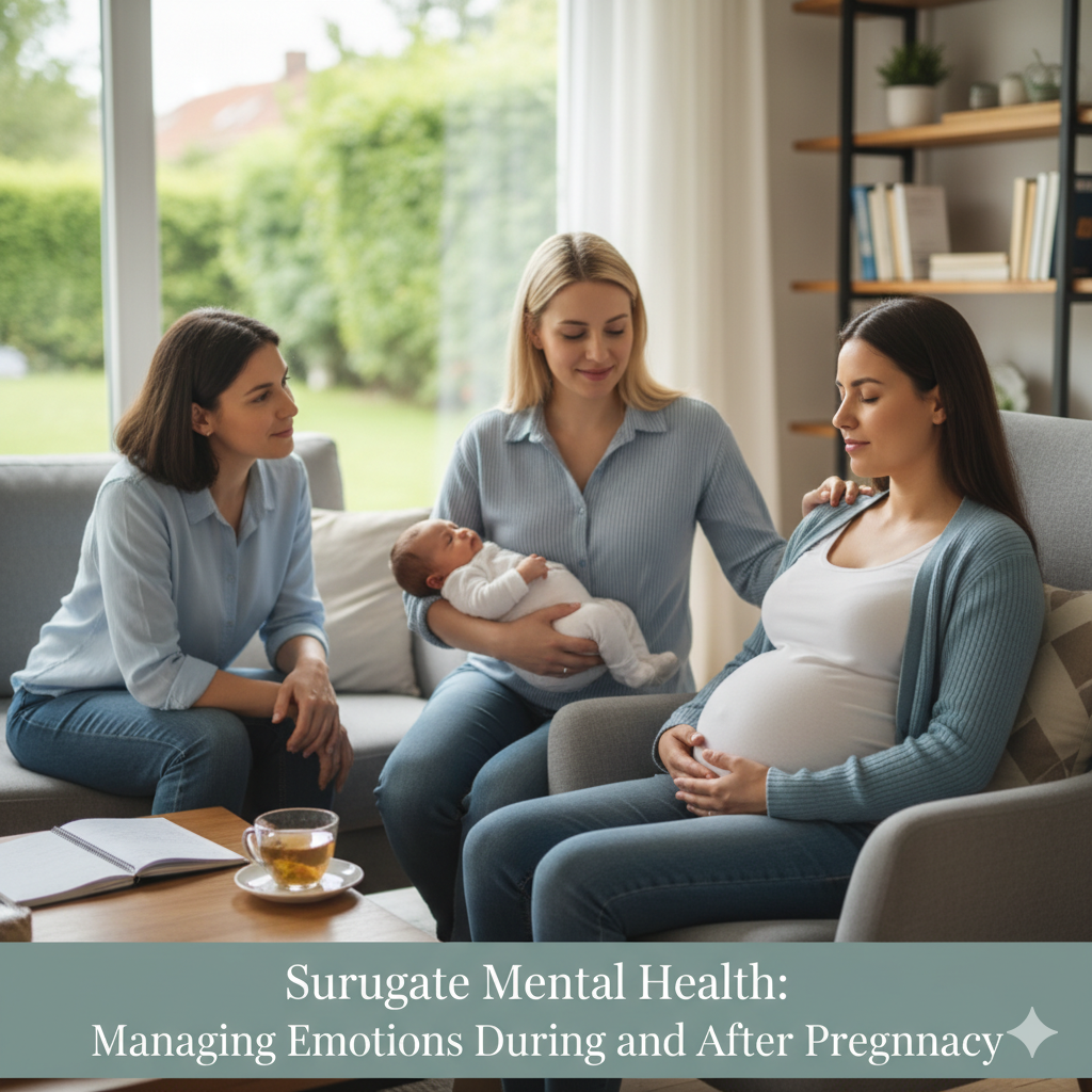Three women, shown supporting each other, talk about surrogate mental health and emotions during pregnancy for Babytree Surrogacy. babytree