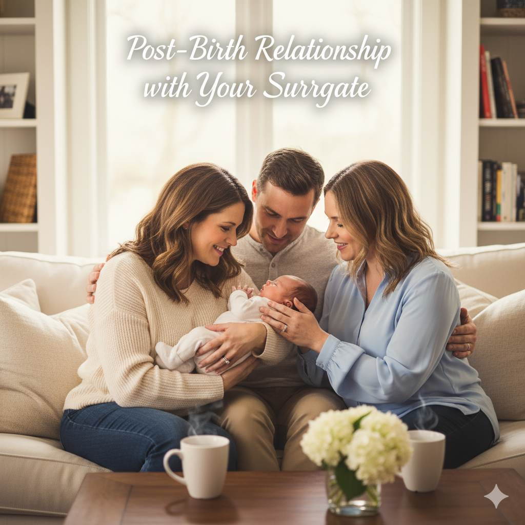 Babytree Surrogacy: Two women and a man happily welcome a newborn, showing warmth, care, and support together as a new family. babytree
