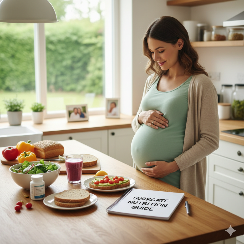 A happy pregnant woman in a kitchen follows Babytree Surrogacy’s nutrition guide, showing healthy choices for surrogates. babytree