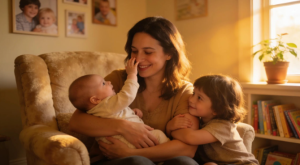 A mother and her kids share a happy moment, showing the joy and closeness of family after surrogacy thanks to Babytree Surrogacy. babytree