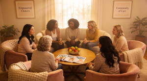 A group talks together at Babytree Surrogacy, learning about who can be a surrogate and health topics like gestational diabetes. babytree