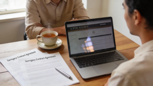 Two people discuss surrogacy options with Babytree Surrogacy, reviewing agreements and important details together. babytree