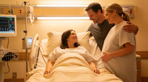 Babytree Surrogacy shows a joyful, caring moment after childbirth, with everyone in the room feeling happy and supported. babytree