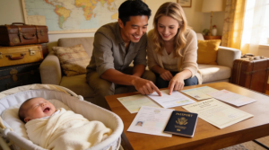 A joyful couple with Babytree Surrogacy reviews their newborn's documents while their happy baby rests nearby, ready for a new journey. babytree