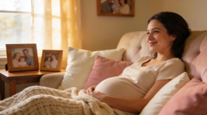 A pregnant woman rests on a couch, smiling as she touches her belly. She is on bed rest to keep herself and her baby healthy. The scene shows comfort and care, reflecting Babytree Surrogacy’s support. babytree