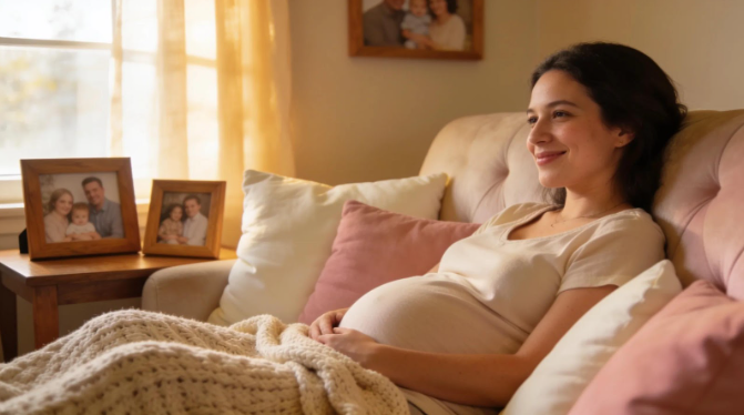 A pregnant woman rests on a couch, smiling as she touches her belly. She is on bed rest to keep herself and her baby healthy. The scene shows comfort and care, reflecting Babytree Surrogacy&rsquo;s support. babytree