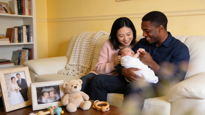 A happy couple with their newborn sits together, showing the joy of growing their family through Babytree Surrogacy. babytree