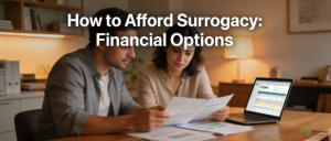 A couple looks focused as they review options to pay for surrogacy with Babytree Surrogacy. The scene shows the challenge of budgeting for this journey and highlights financial choices in making surrogacy possible. babytree
